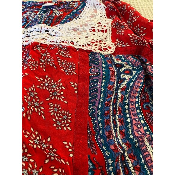 Bila Red Blue Paisley Boho Peasant Lacey Size Large Colorful Sheer Casual Top - Picture 9 of 12